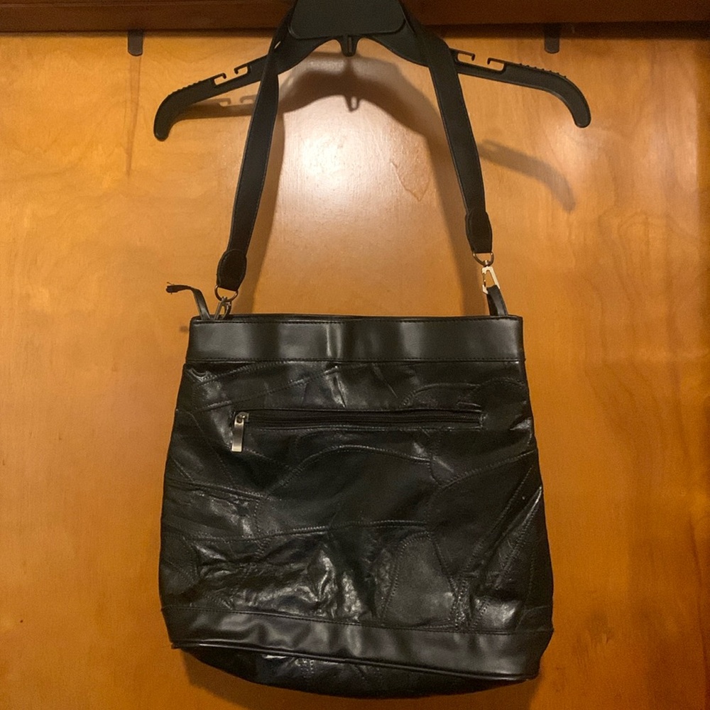 No Label Black Leather Patchwork Double Zipper Purse